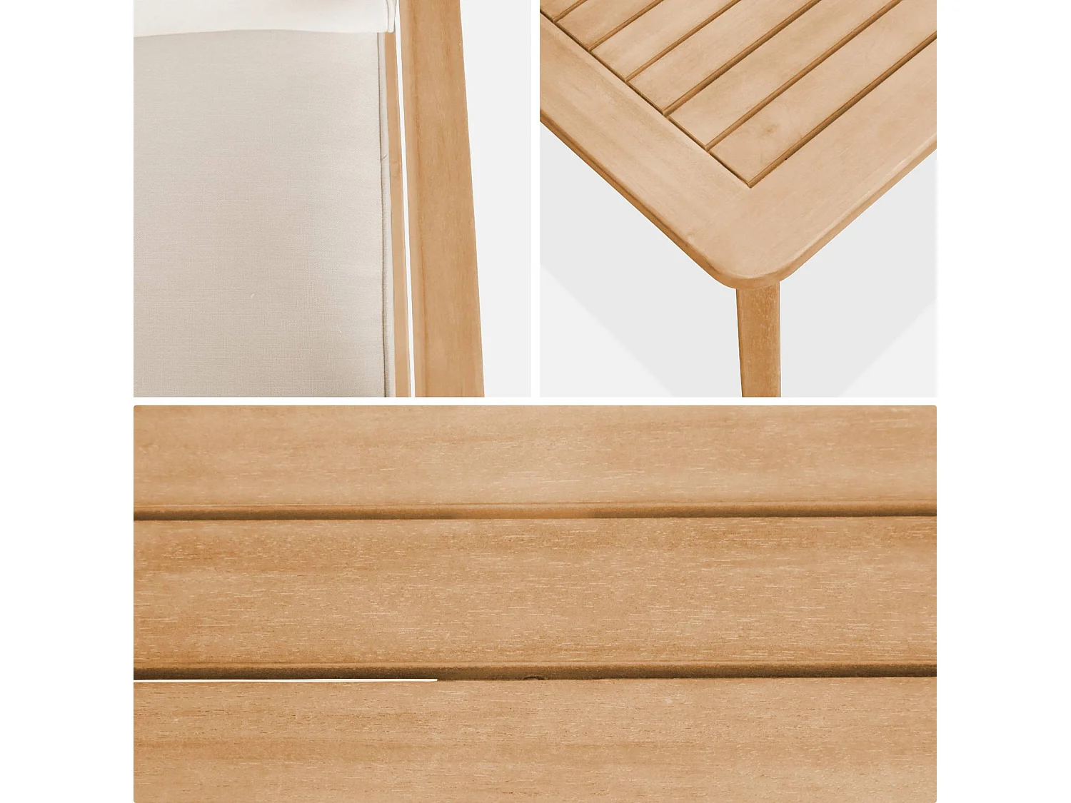 salon de jardin en bois d'acacia 4 places beige CARNOTA. coussins déhoussables. 2 fauteuils. 1 canapé 2 places et 1 table