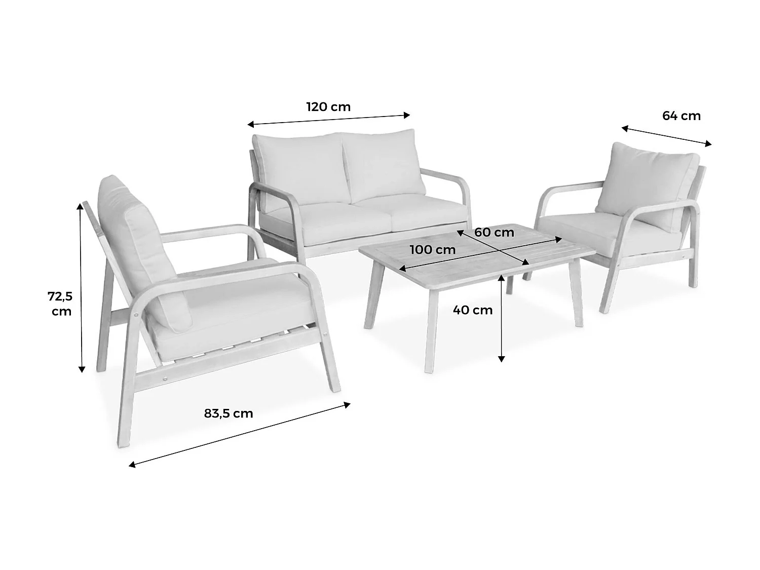 salon de jardin en bois d'acacia 4 places beige CARNOTA. coussins déhoussables. 2 fauteuils. 1 canapé 2 places et 1 table