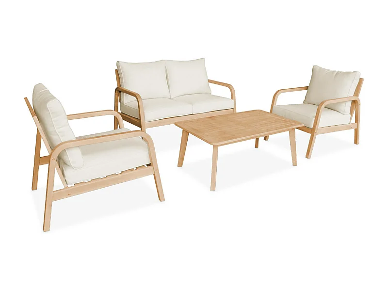 salon de jardin en bois d'acacia 4 places beige CARNOTA. coussins déhoussables. 2 fauteuils. 1 canapé 2 places et 1 table