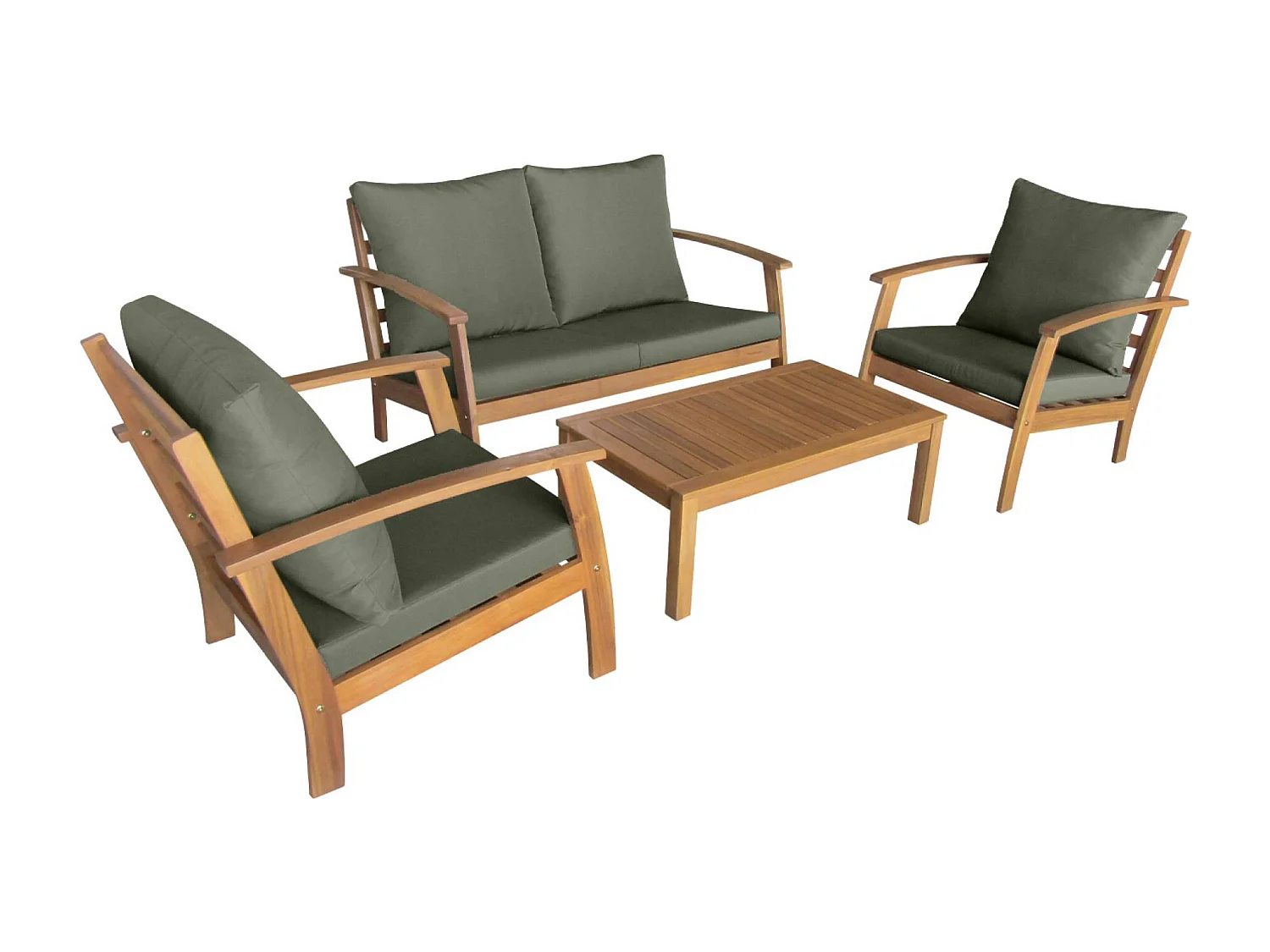 Salon de jardin en bois 4 places Coussins kaki. canapé. fauteuils et table basse en acacia. design