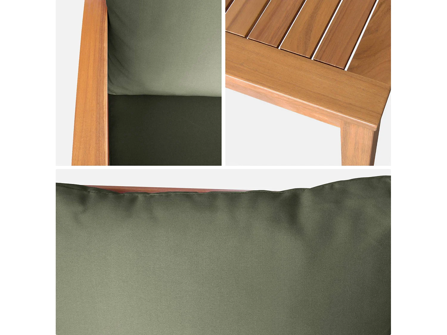 Salon de jardin en bois 4 places Coussins kaki. canapé. fauteuils et table basse en acacia. design