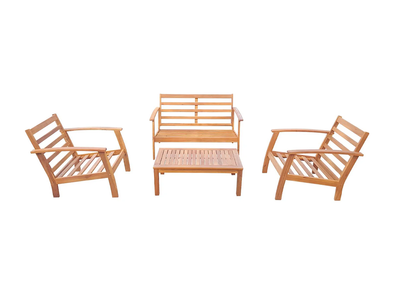 Salon de jardin en bois 4 places Coussins kaki. canapé. fauteuils et table basse en acacia. design