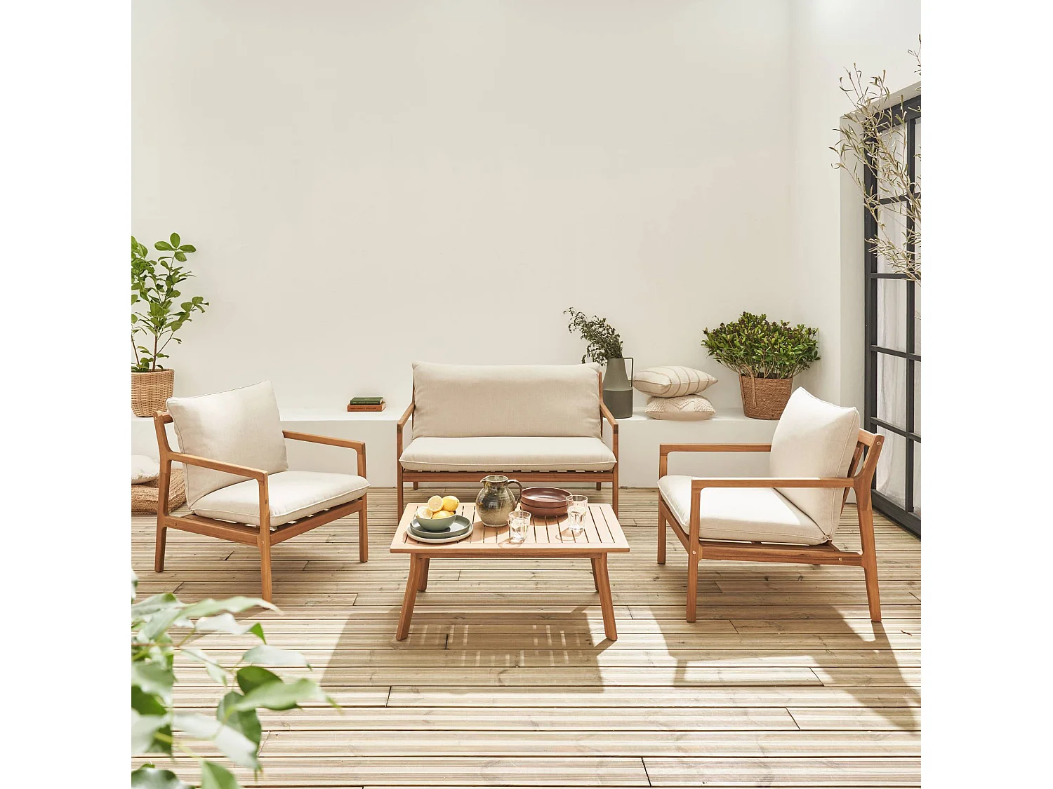 Salotto da giardino in acacia a 4 posti, beige