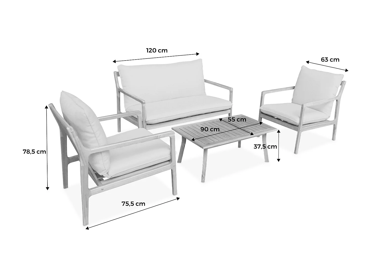 Salotto da giardino in acacia a 4 posti, beige