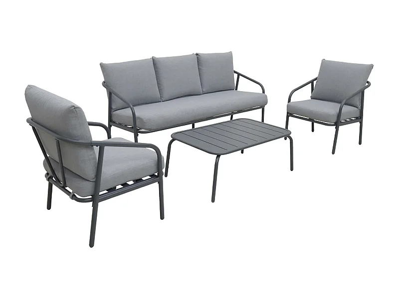 Salon de jardin en acier. structure anthracite. coussins gris. 5 places