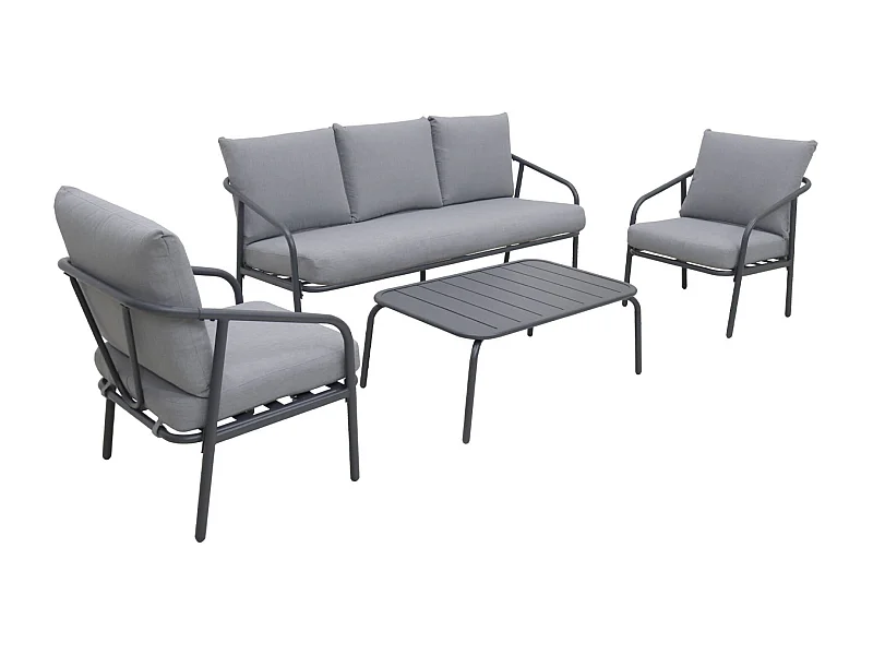 Salon de jardin en acier. structure anthracite. coussins gris. 5 places