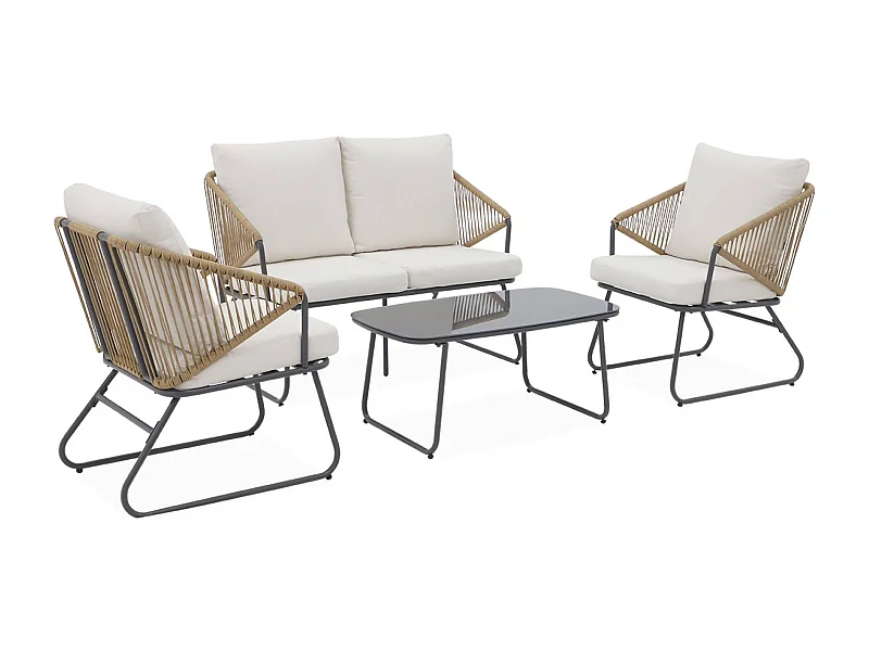 Conjunto de muebles de jardín en metal y resina natural, 4 plazas