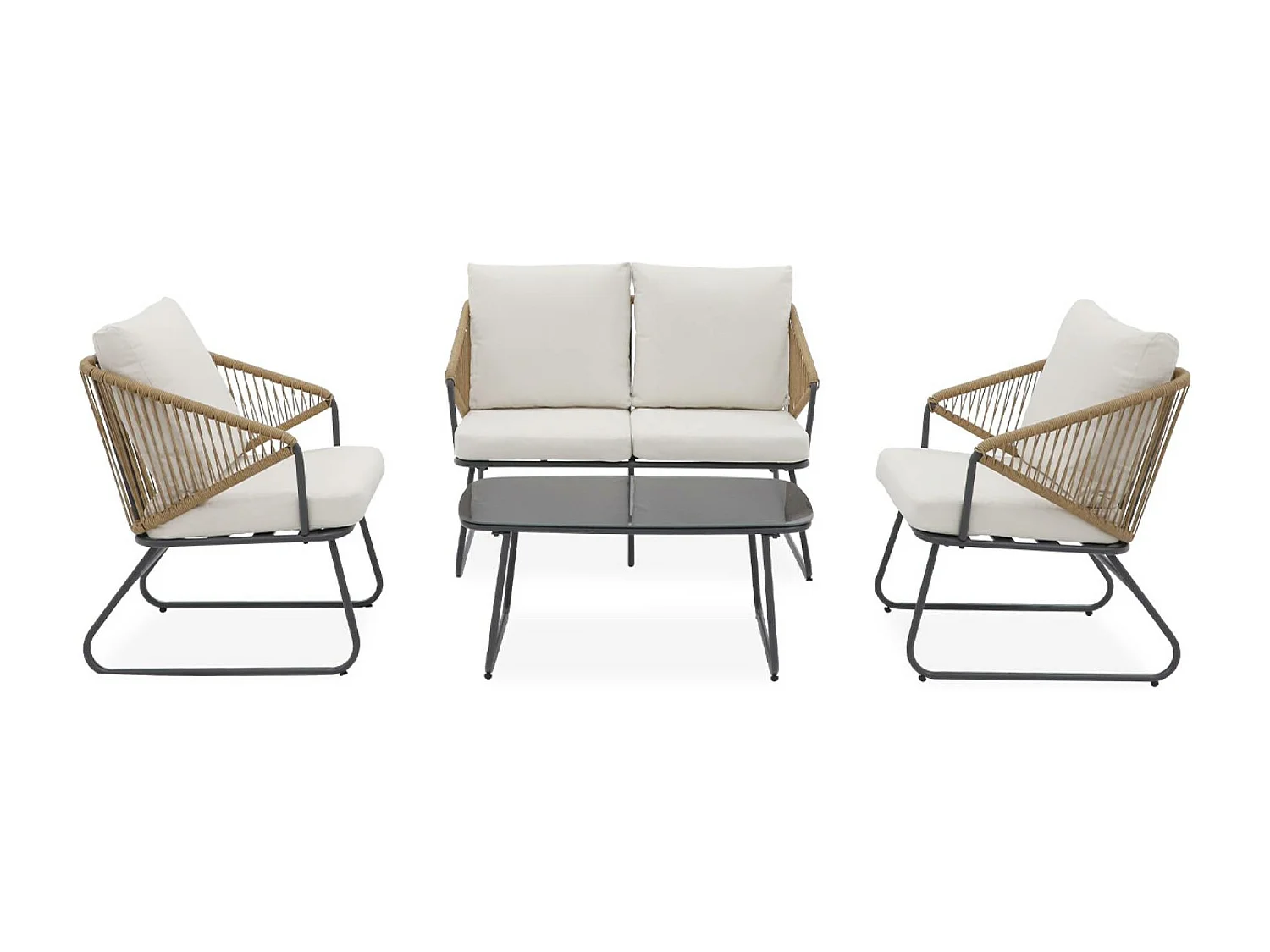 Salon de jardin métal et résine naturelle. effet corde. coussins beiges. 4 places