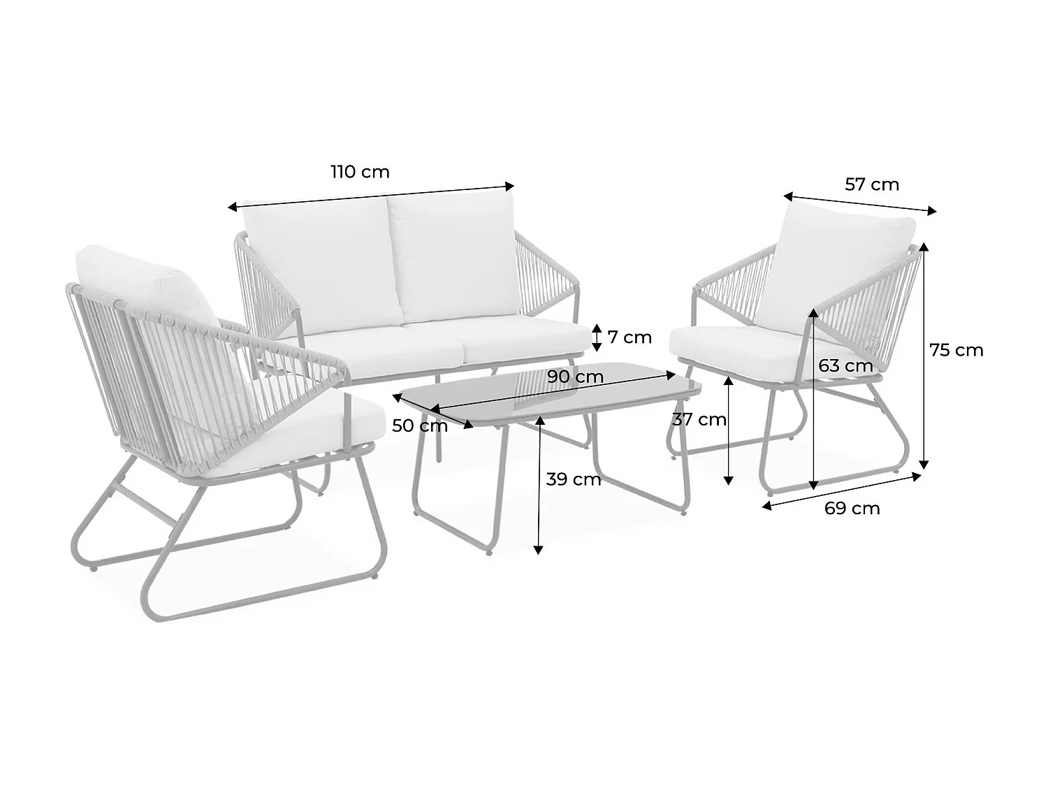 Salon de jardin métal et résine naturelle. effet corde. coussins beiges. 4 places