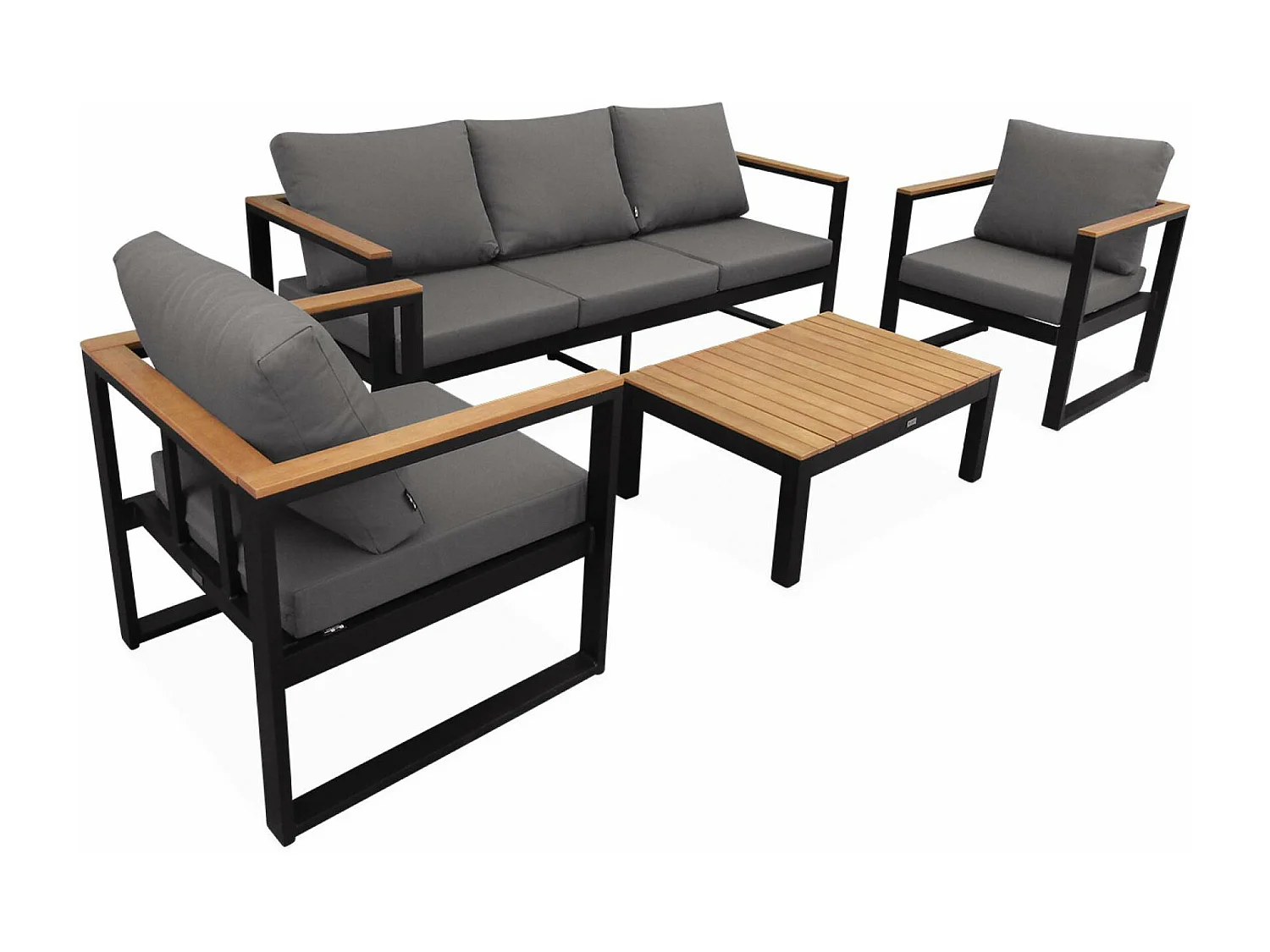 Salon de jardin 5 places en aluminium et eucalyptus – NAZCA – Structure noire. Coussins gris foncé