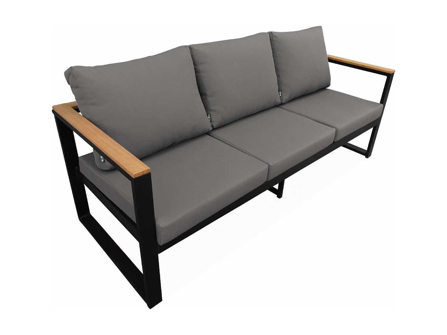 Salon de jardin 5 places en aluminium et eucalyptus – NAZCA – Structure noire. Coussins gris foncé