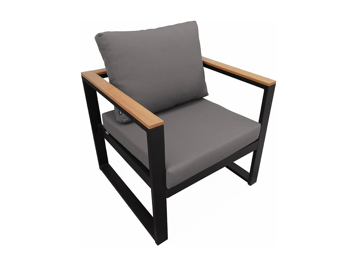 Salon de jardin 5 places en aluminium et eucalyptus – NAZCA – Structure noire. Coussins gris foncé