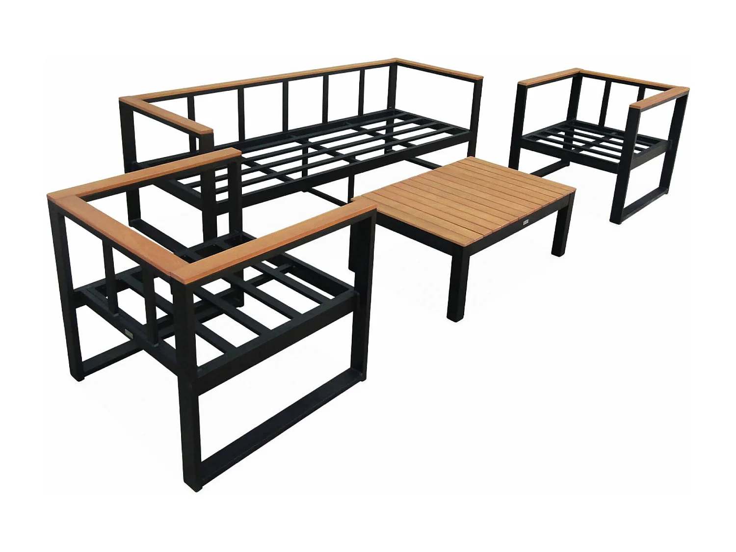 Salon de jardin 5 places en aluminium et eucalyptus – NAZCA – Structure noire. Coussins gris foncé