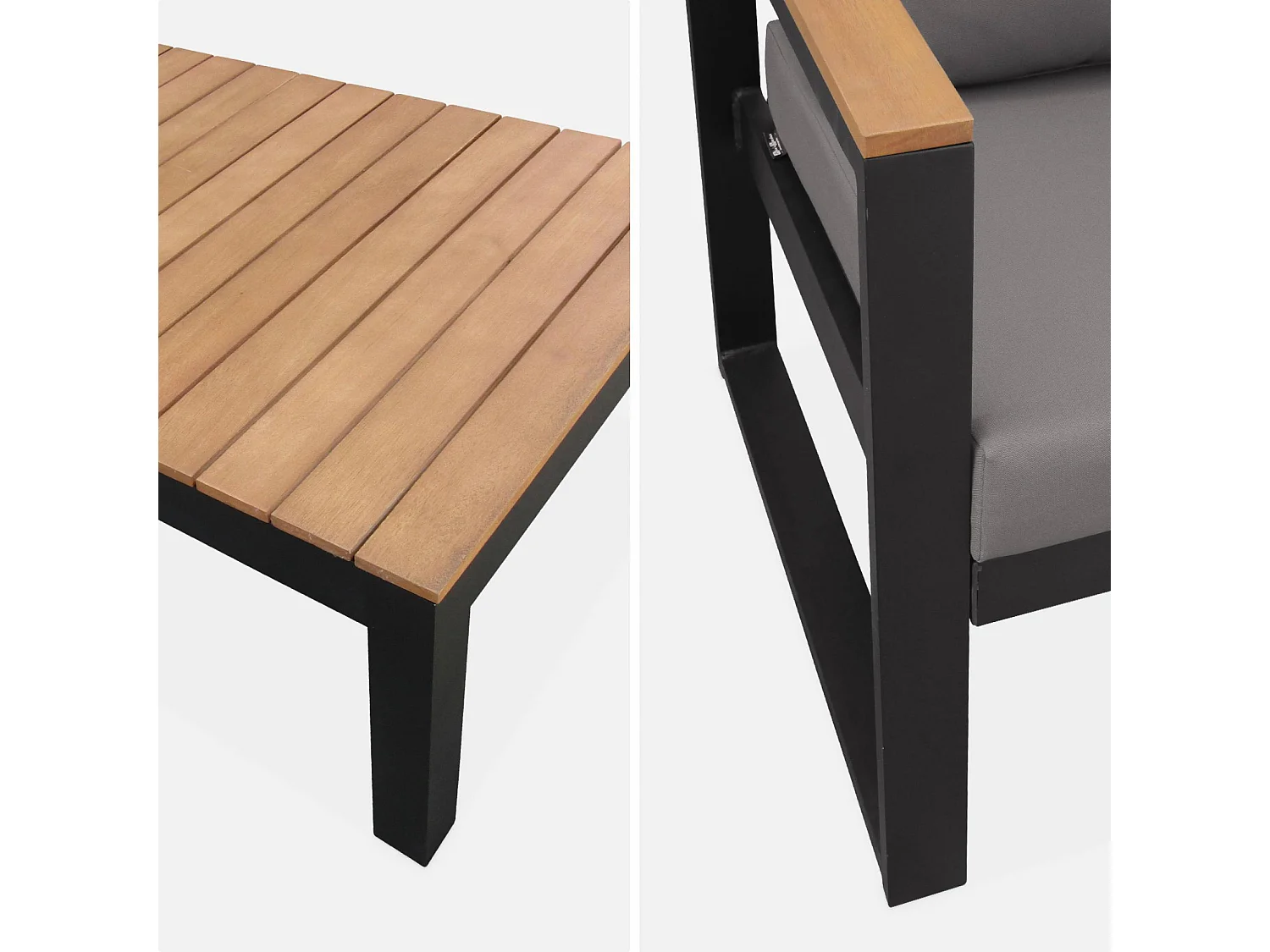 Salon de jardin 5 places en aluminium et eucalyptus – NAZCA – Structure noire. Coussins gris foncé