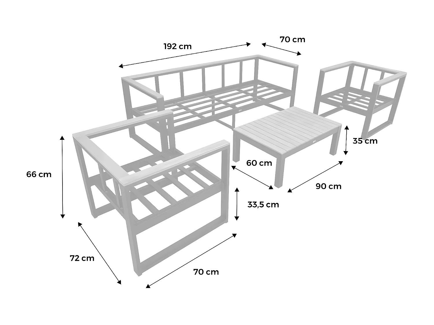 Salon de jardin 5 places en aluminium et eucalyptus – NAZCA – Structure noire. Coussins gris foncé