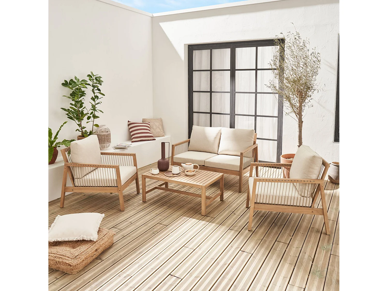 Salon de jardin en bois d'acacia et cordes beige. 4 personnes. ALISTE