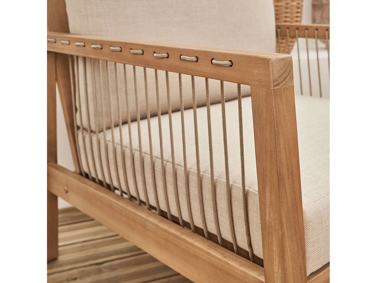 Salon de jardin en bois d'acacia et cordes beige. 4 personnes. ALISTE