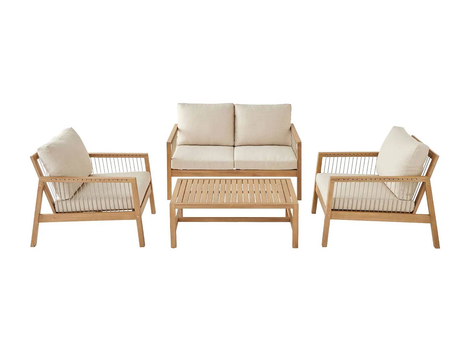 Salon de jardin en bois d'acacia et cordes beige. 4 personnes. ALISTE