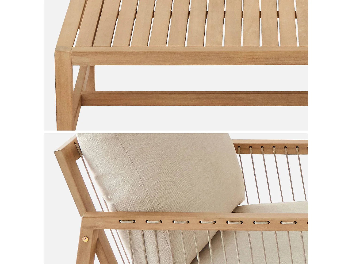 Salon de jardin en bois d'acacia et cordes beige. 4 personnes. ALISTE