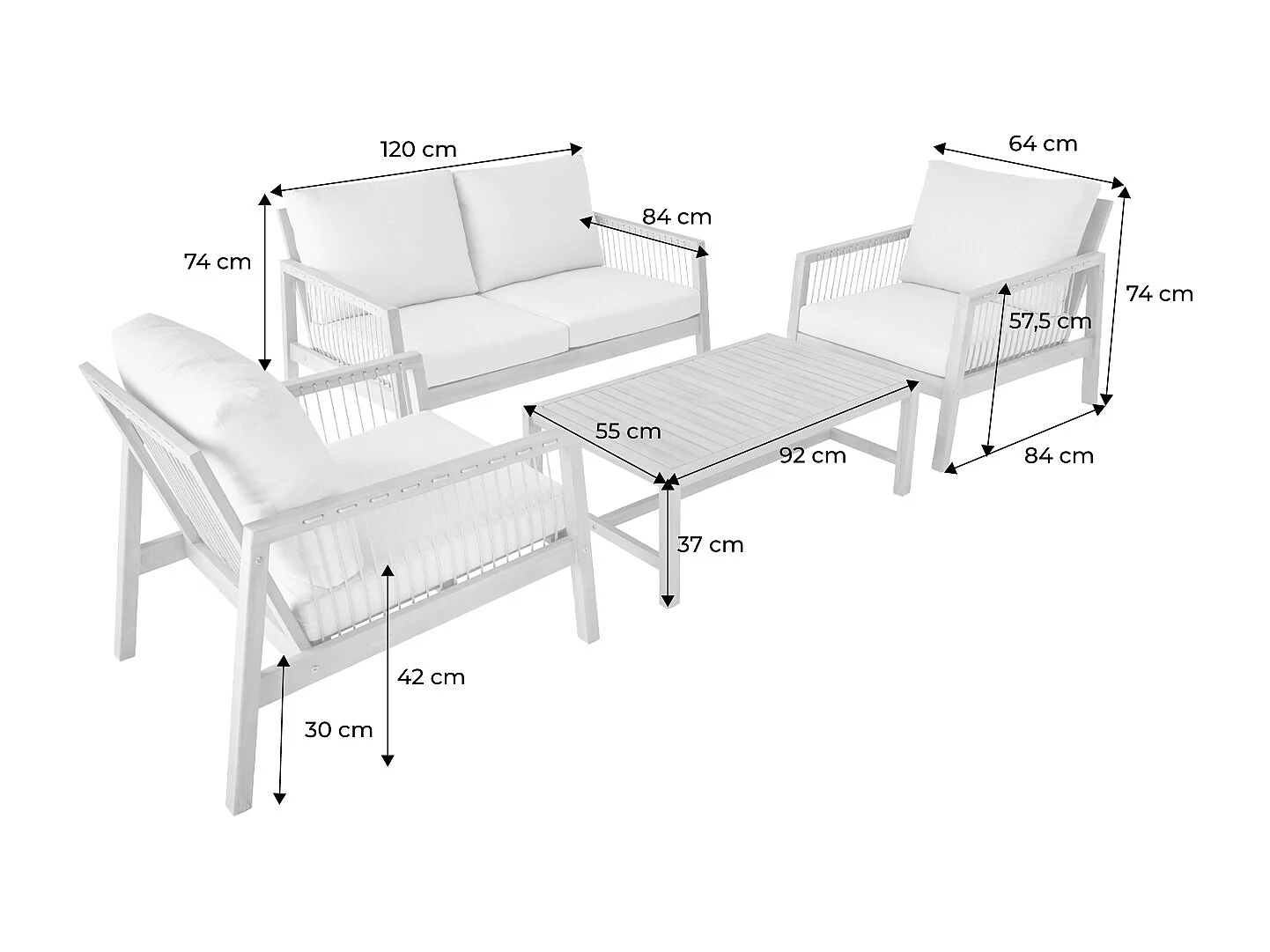 Salon de jardin en bois d'acacia et cordes beige. 4 personnes. ALISTE