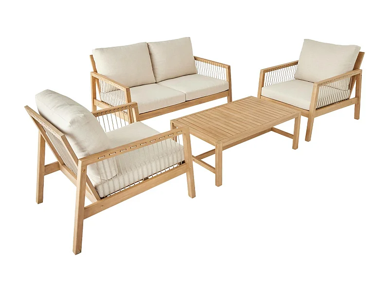 Salon de jardin en bois d'acacia et cordes beige. 4 personnes. ALISTE