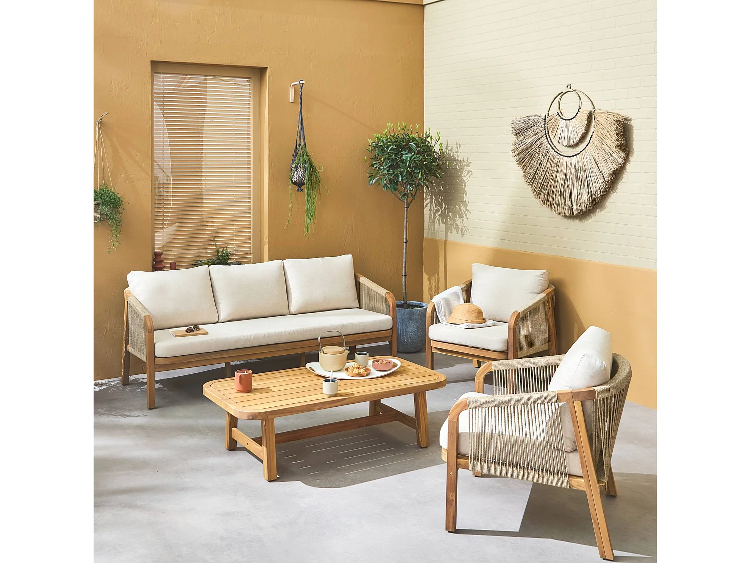 Set da giardino in legno e corda 5 posti, beige