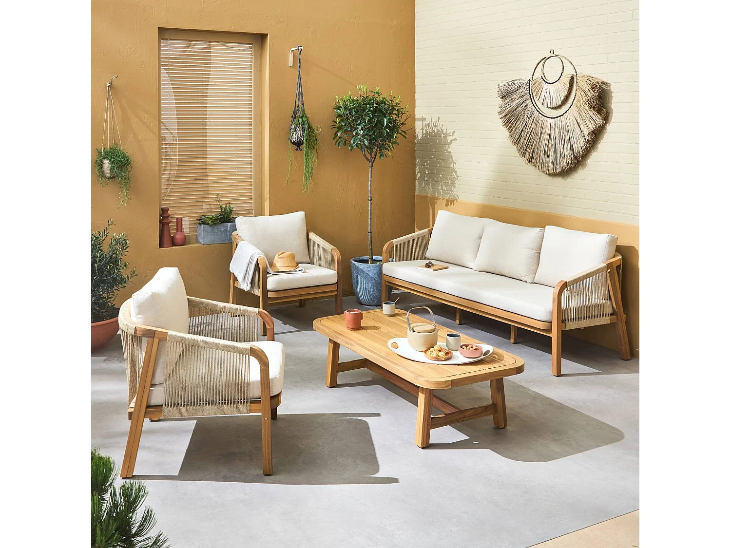 Set da giardino in legno e corda 5 posti, beige