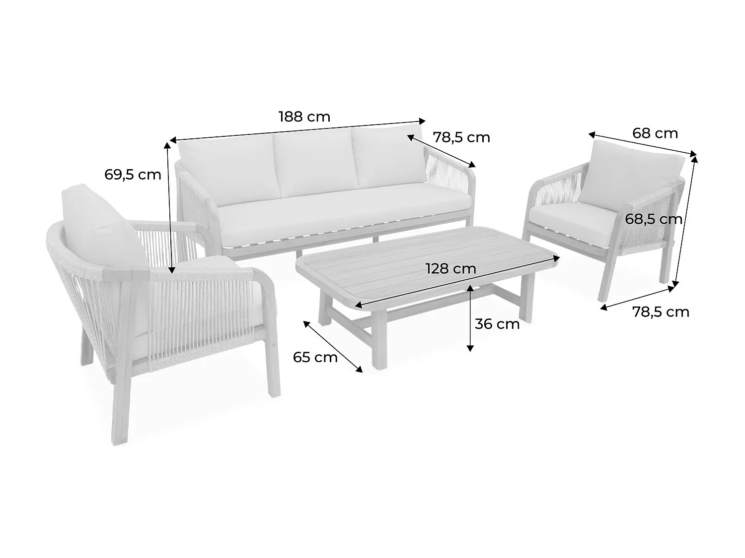 Set da giardino in legno e corda 5 posti, beige