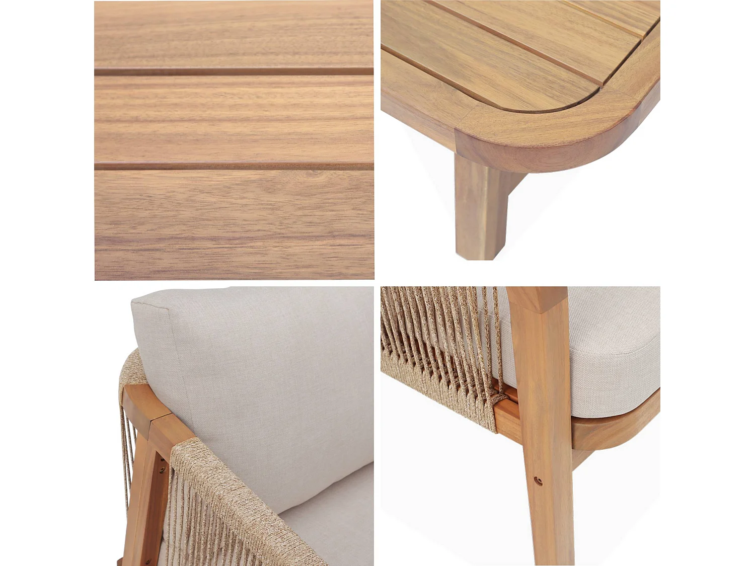 Set da giardino in legno e corda 5 posti, beige