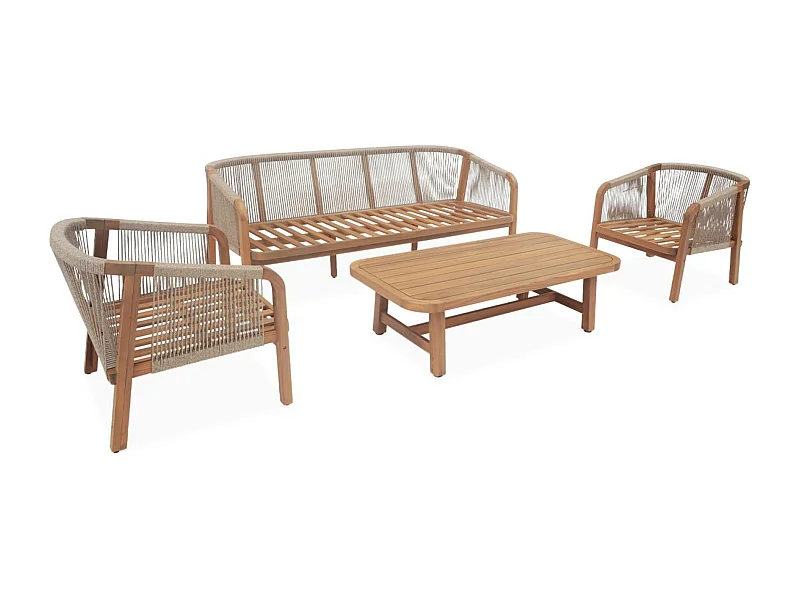 Set da giardino in legno e corda 5 posti, beige