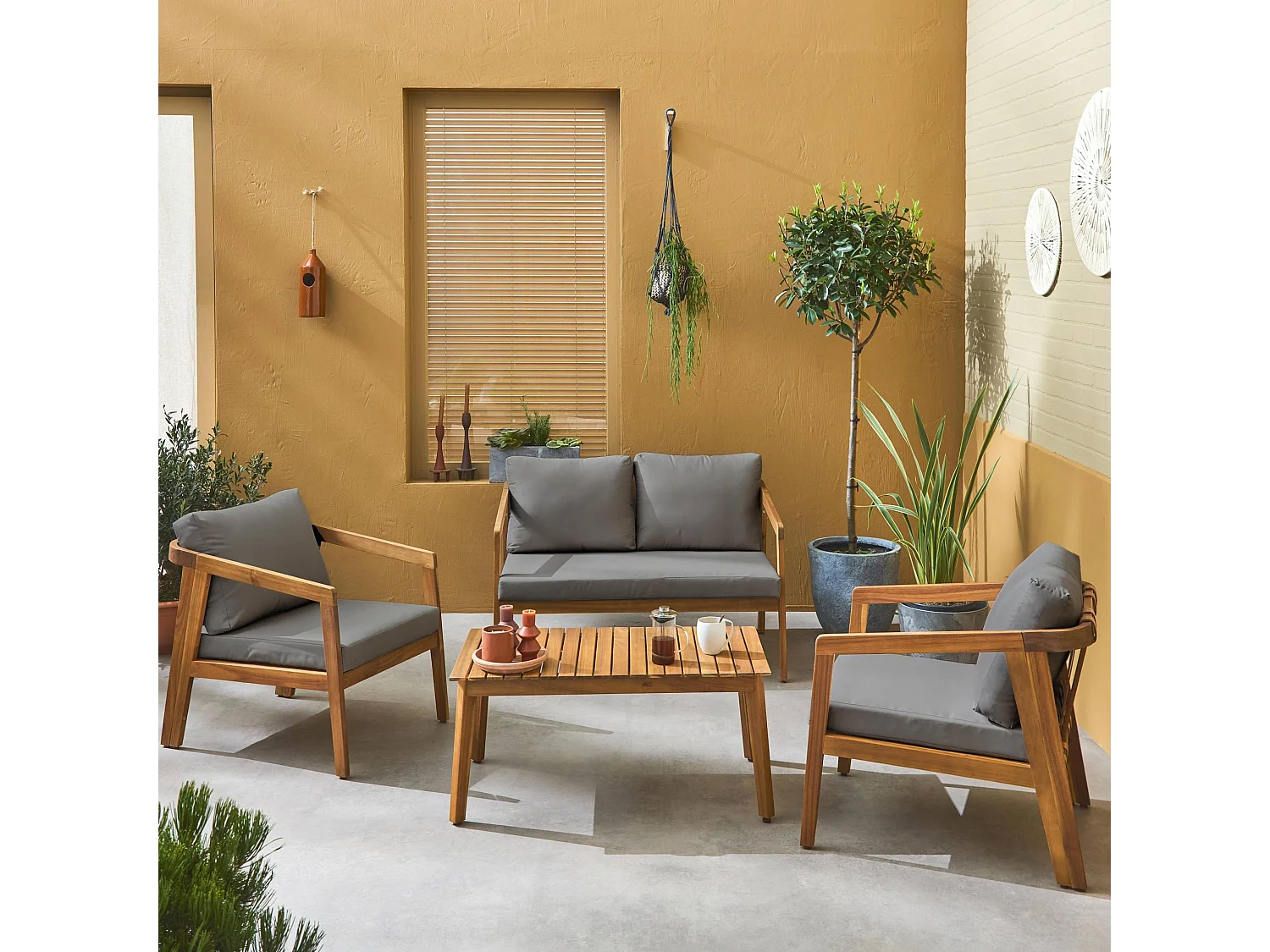 Set di mobili da giardino a 4 posti in legno di acacia, grigio