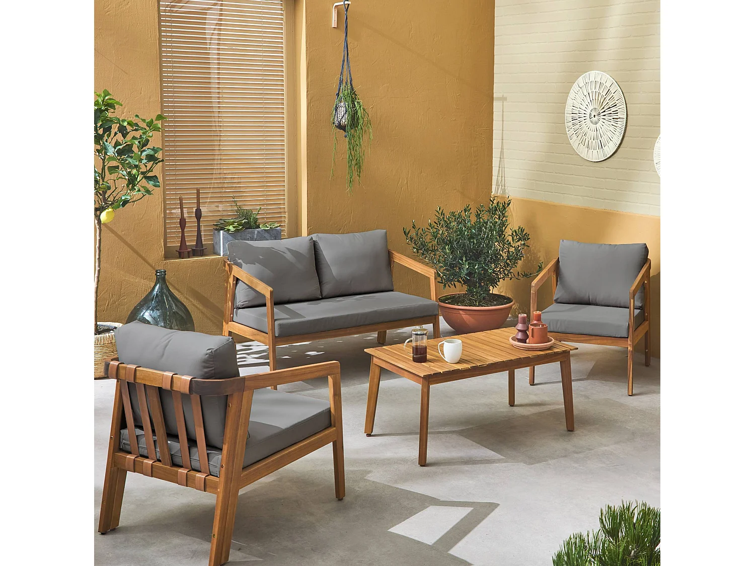 Set di mobili da giardino a 4 posti in legno di acacia, grigio