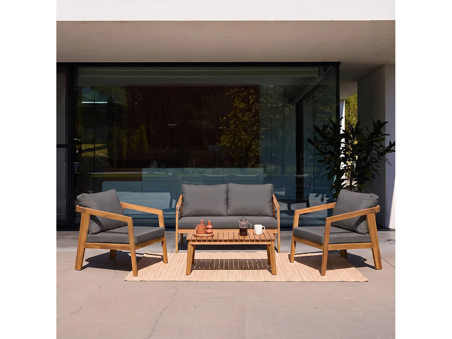 Conjunto de jardín de madera, 4 plazas, Gris