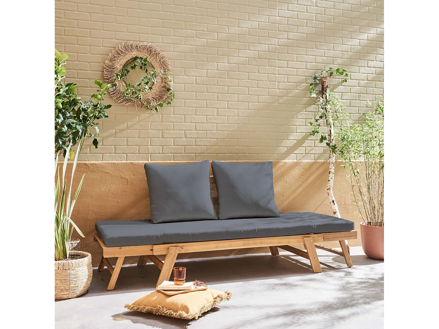 Banquette de jardin grise 2/3 places Jalance. accoudoirs modulables 155/200x72x74.5cm