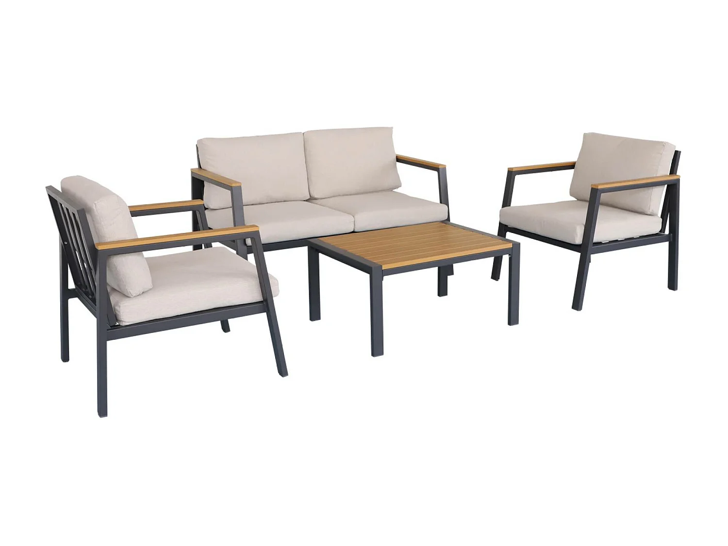 Salon de jardin Casoria. beige. aluminium et polywood 4 places. 1 canapé. 2 fauteuils. 1 table basse