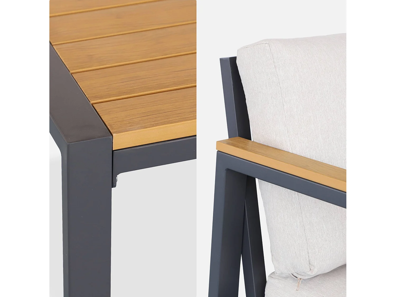 Salon de jardin Casoria. beige. aluminium et polywood 4 places. 1 canapé. 2 fauteuils. 1 table basse