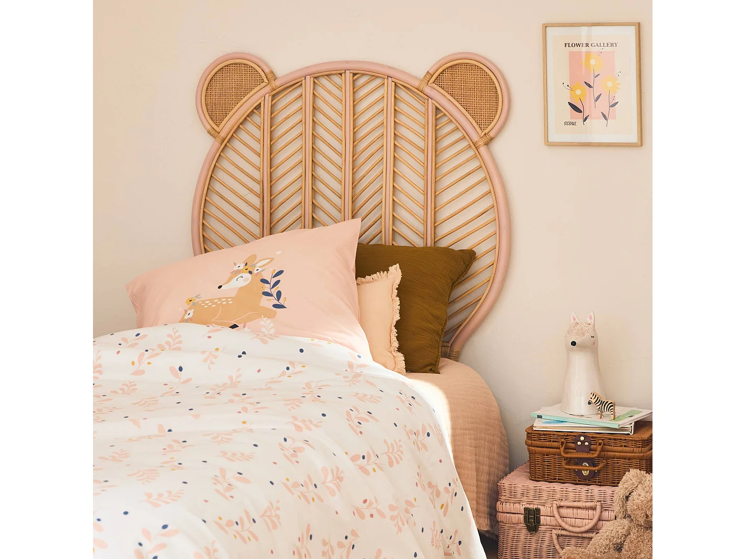 Tête de lit en rotin pour chambre enfant. Nias 90 x 100cm. coloris naturel / rose