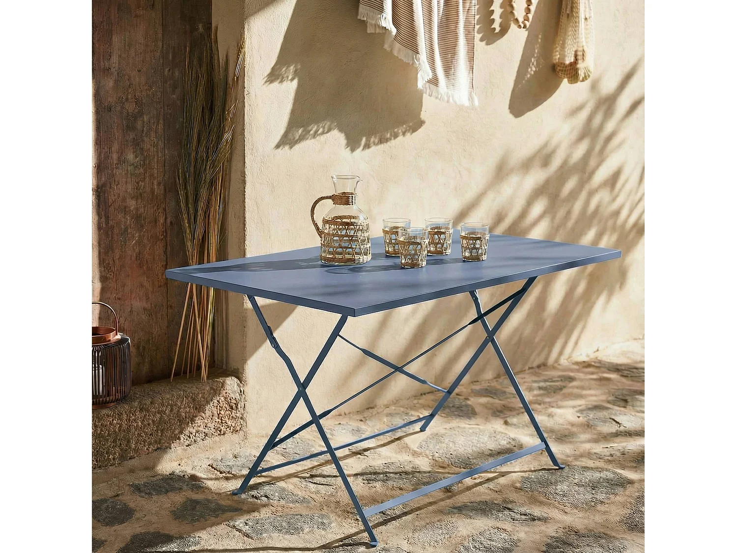 Mesa de jardín bistro plegable de metal 70cm, 4 plazas azul gris
