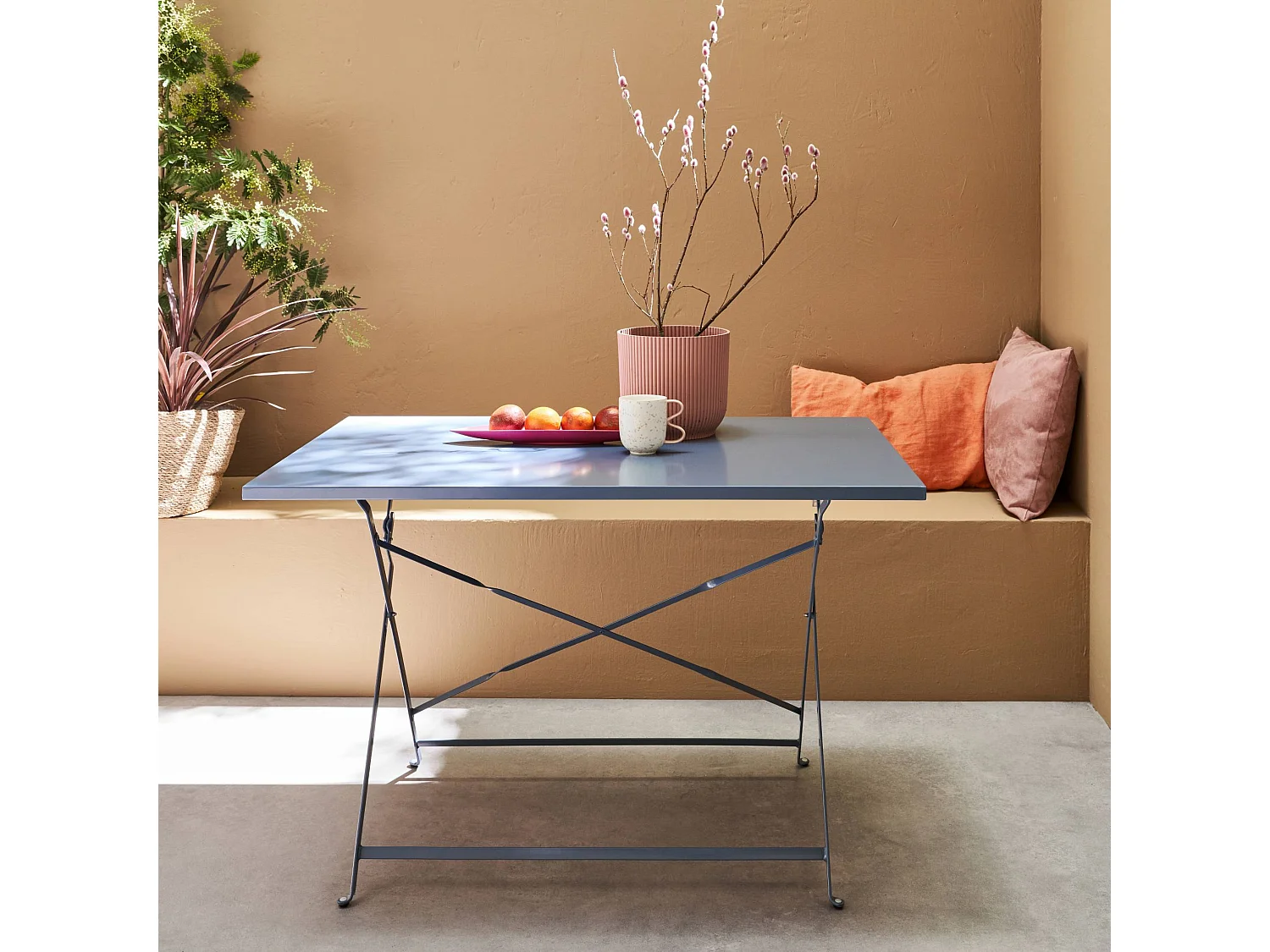 Mesa de jardín bistro plegable de metal 70cm, 4 plazas azul gris