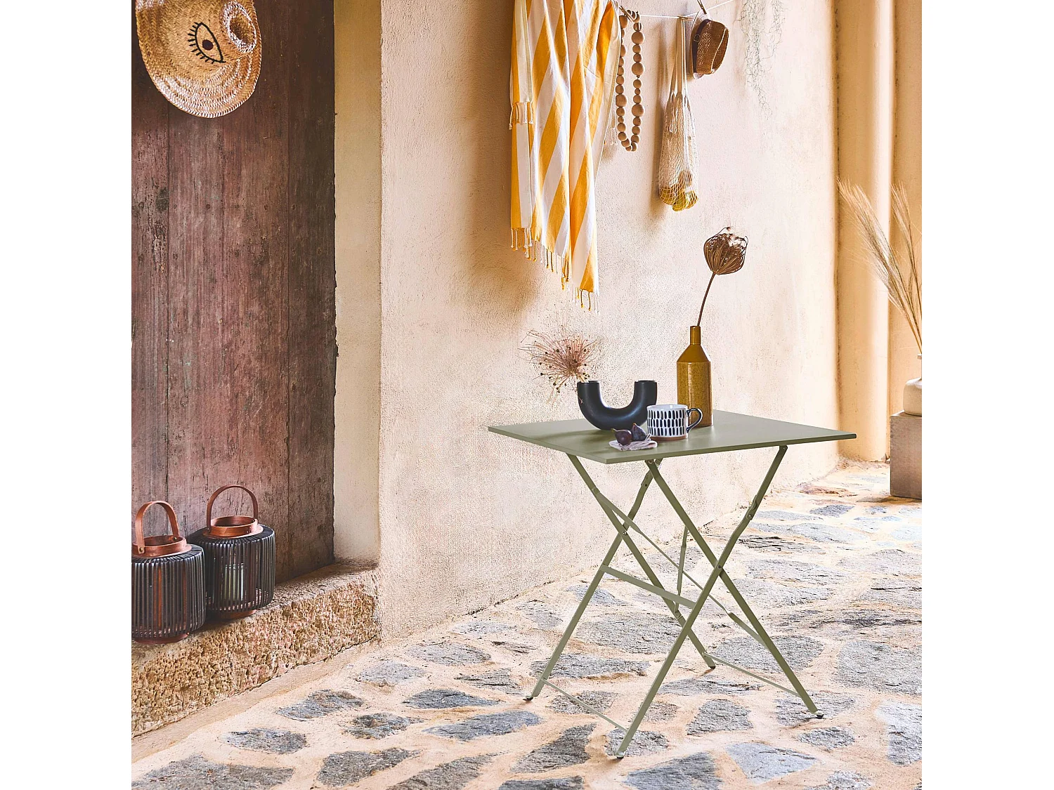 Mesa de jardín bistro plegable de metal 70x70cm verde grisáceo