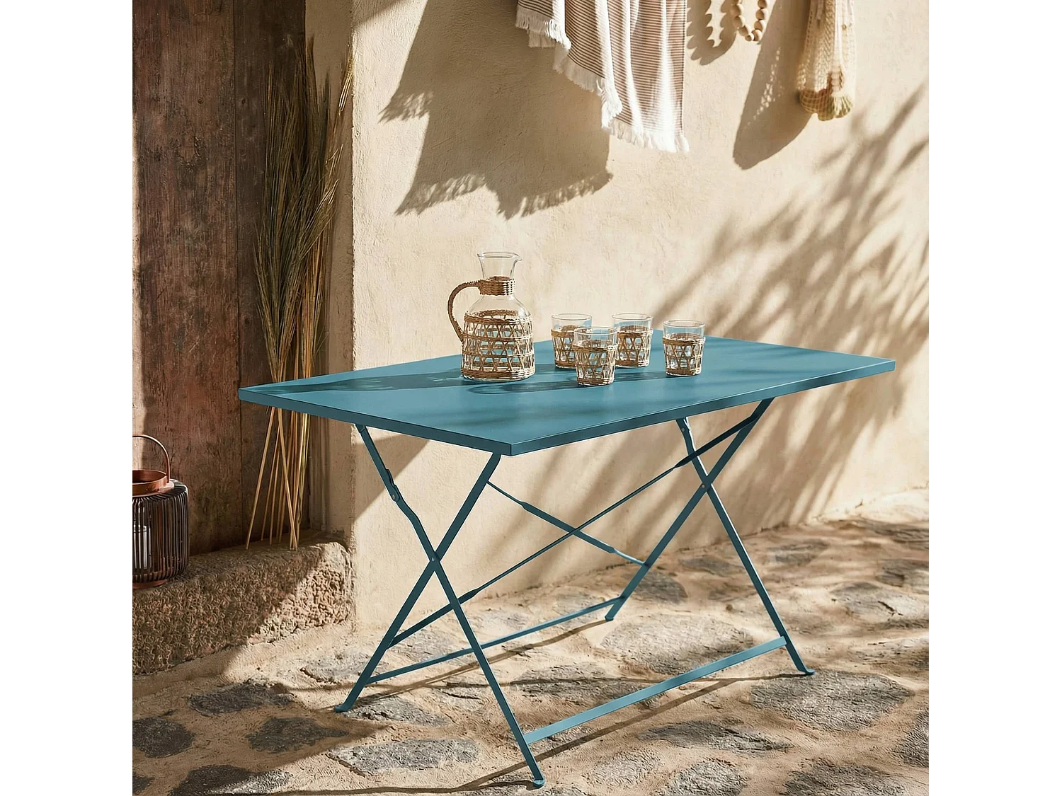 Mesa de jardín bistro plegable de metal 70cm, 4 plazas azul