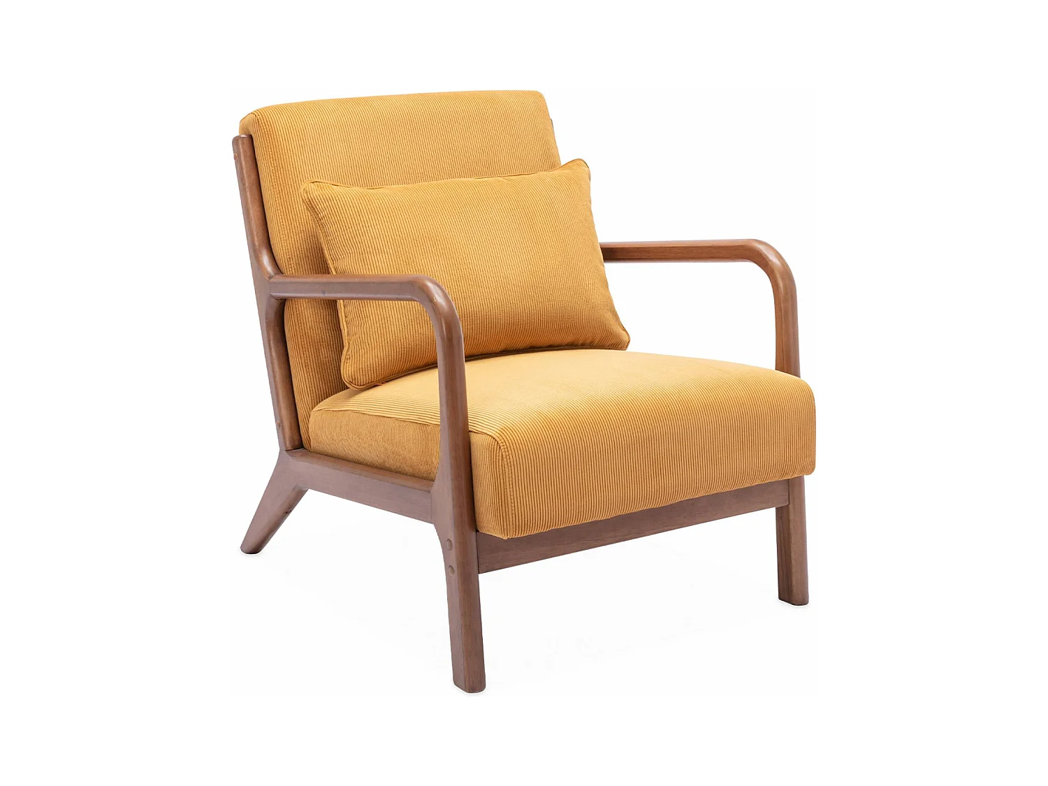 Fauteuil velours côtelé ocre. pieds bois d'hévéa teinté noyer clair. 1 place droit fixe. pieds compas scandinave. structure en bois solide