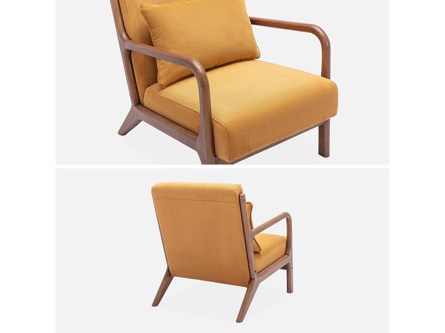 Fauteuil velours côtelé ocre. pieds bois d'hévéa teinté noyer clair. 1 place droit fixe. pieds compas scandinave. structure en bois solide