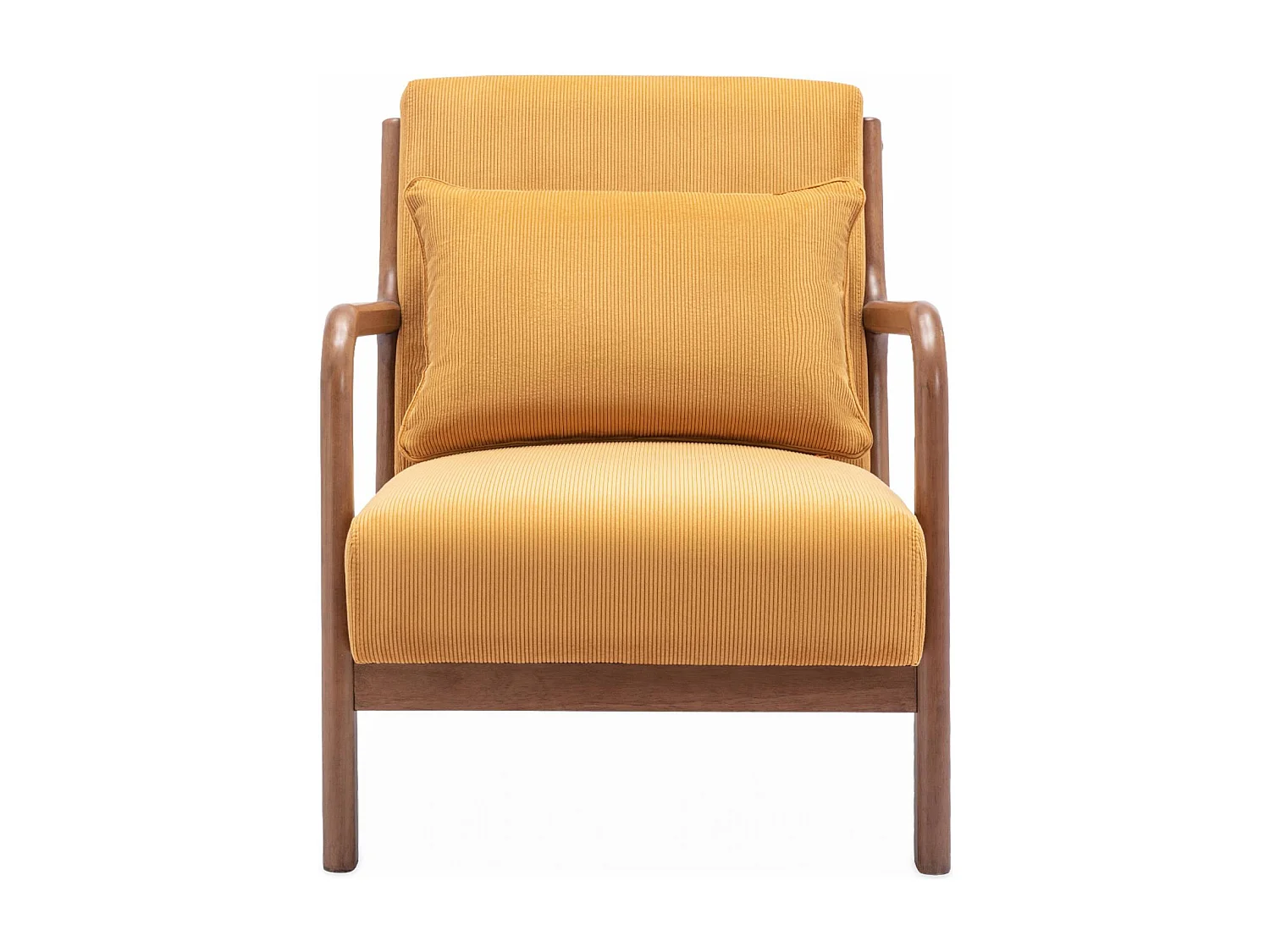 Fauteuil velours côtelé ocre. pieds bois d'hévéa teinté noyer clair. 1 place droit fixe. pieds compas scandinave. structure en bois solide