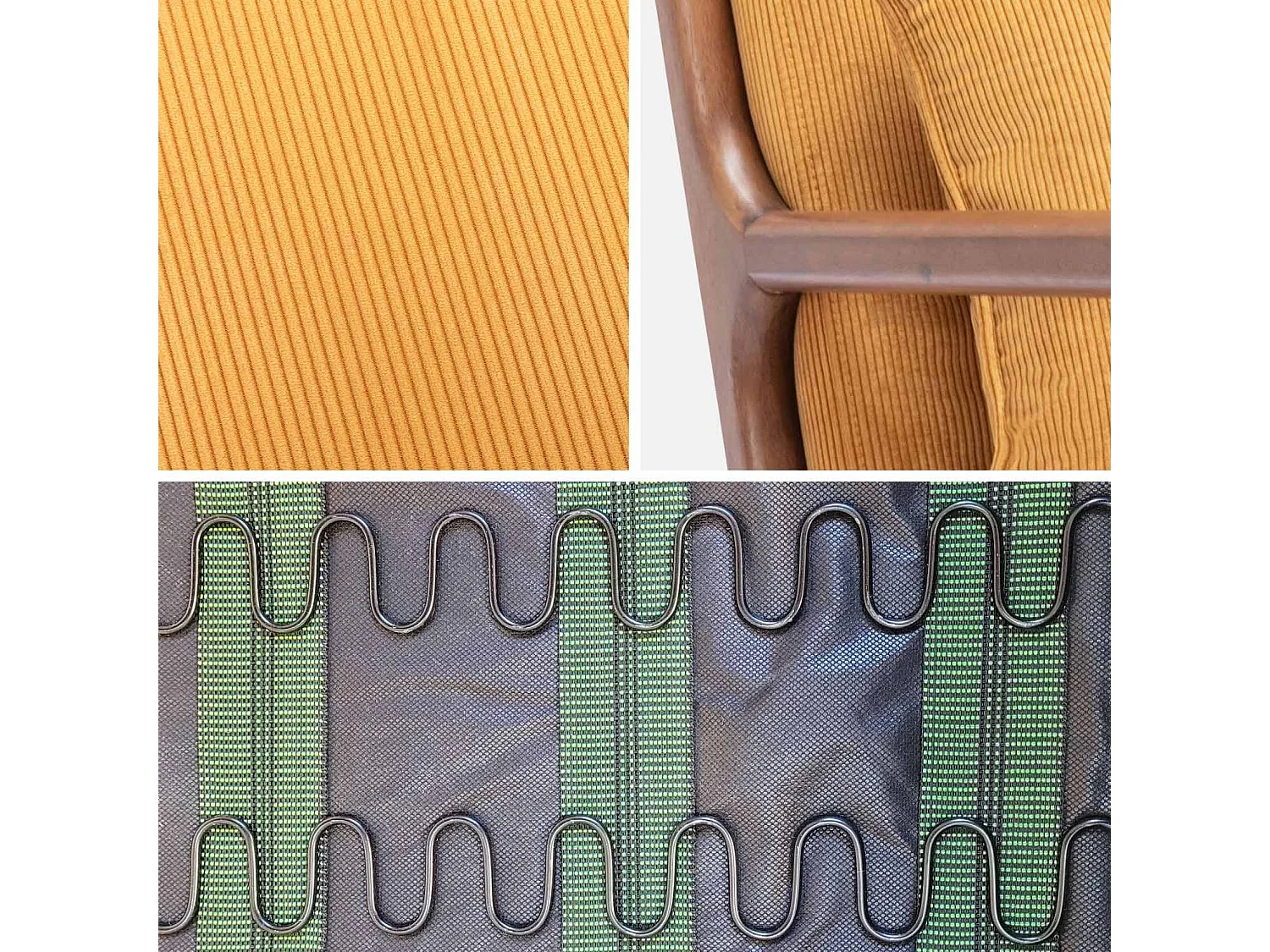 Fauteuil velours côtelé ocre. pieds bois d'hévéa teinté noyer clair. 1 place droit fixe. pieds compas scandinave. structure en bois solide