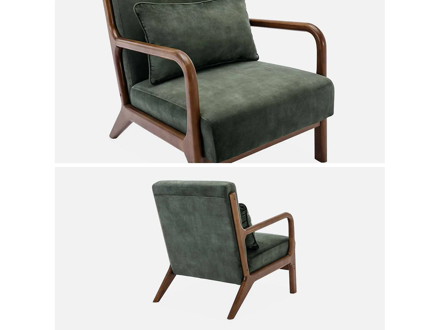 Poltrona scandinava in velluto e legno di hevea tinto noce chiaro,