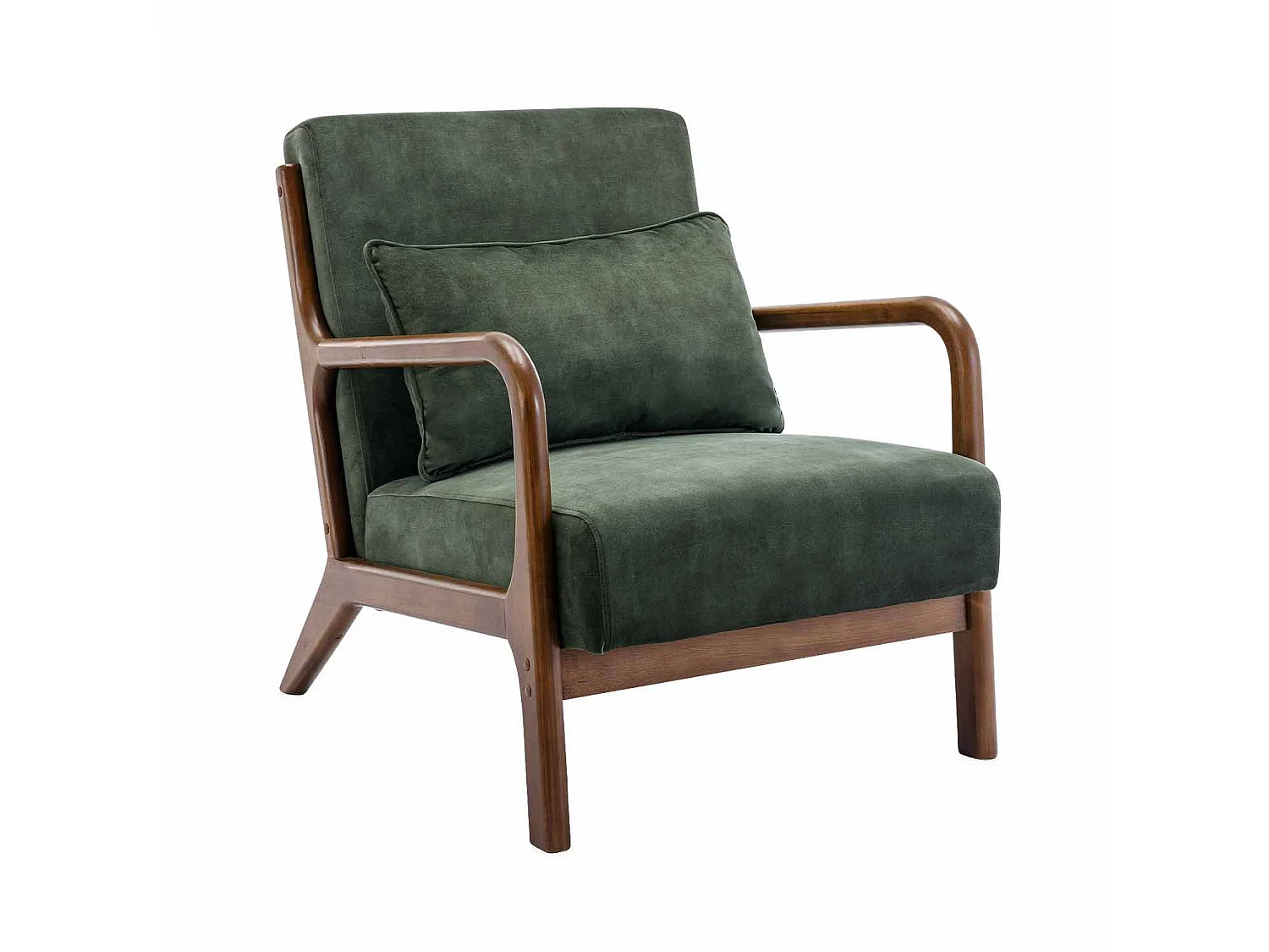 Fauteuil en velours kaki foncé. pieds bois d'hévéa teinté noyer clair. 1 place droit fixe. pieds compas scandinave