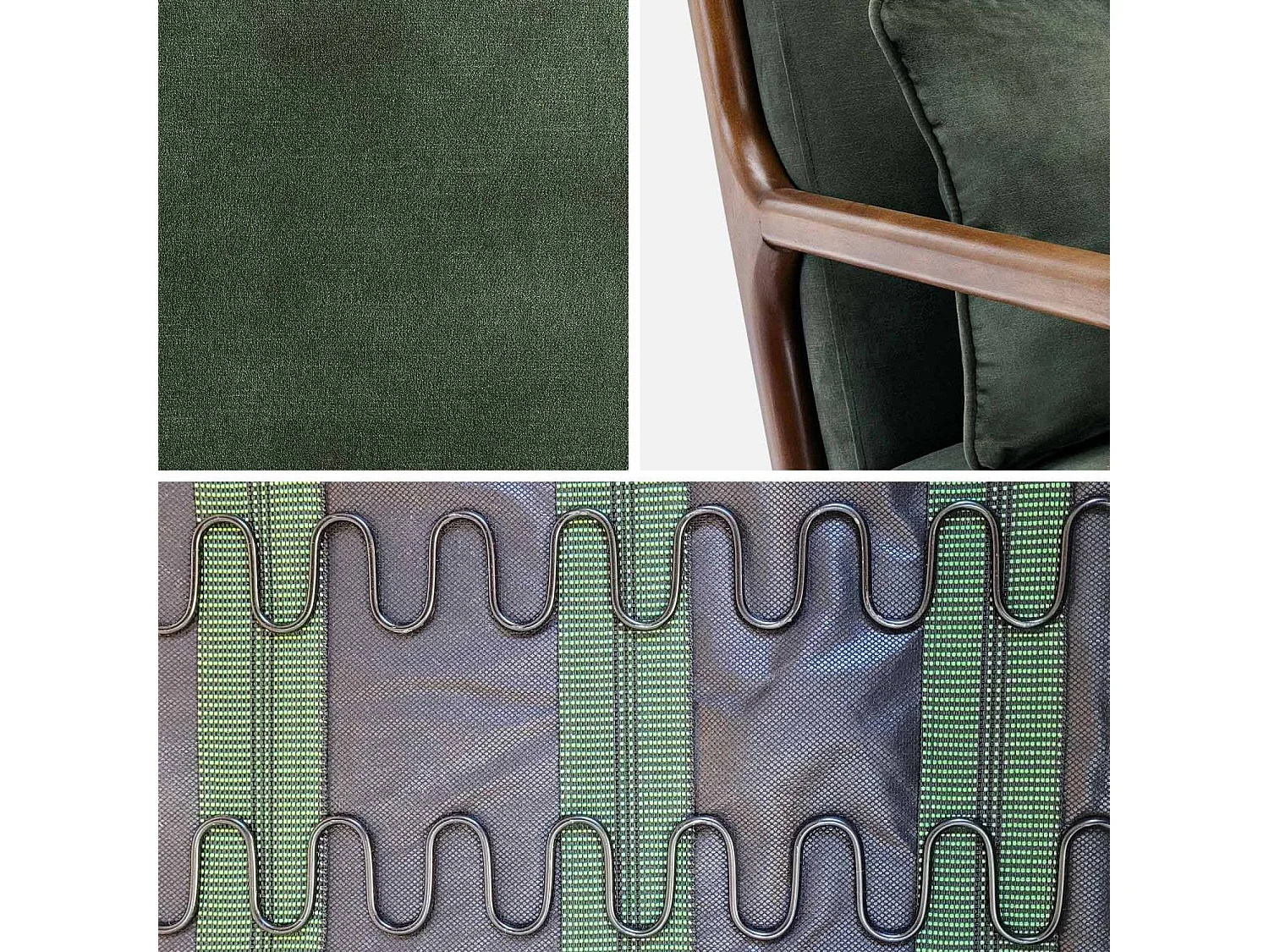 Fauteuil en velours kaki foncé. pieds bois d'hévéa teinté noyer clair. 1 place droit fixe. pieds compas scandinave