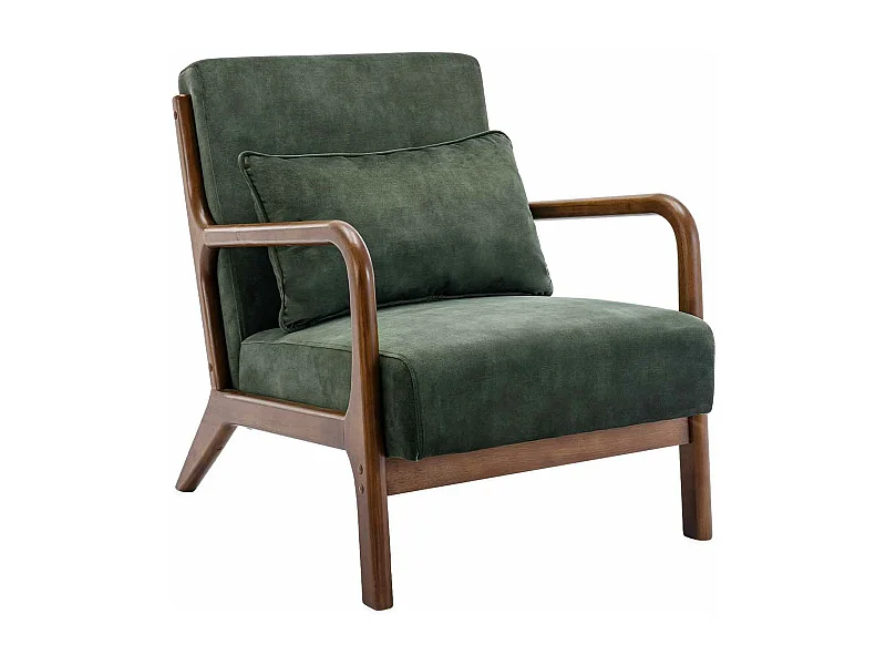 Fauteuil en velours kaki foncé. pieds bois d'hévéa teinté noyer clair. 1 place droit fixe. pieds compas scandinave