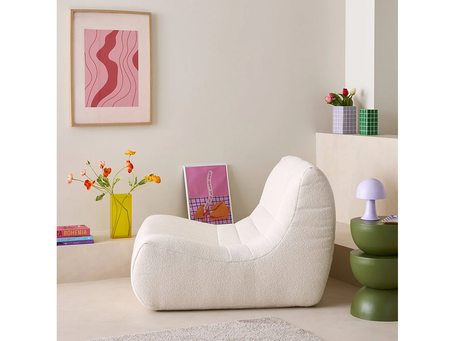 Fauteuil chauffeuse en bouclette texturée blanc style contemporain 1 place